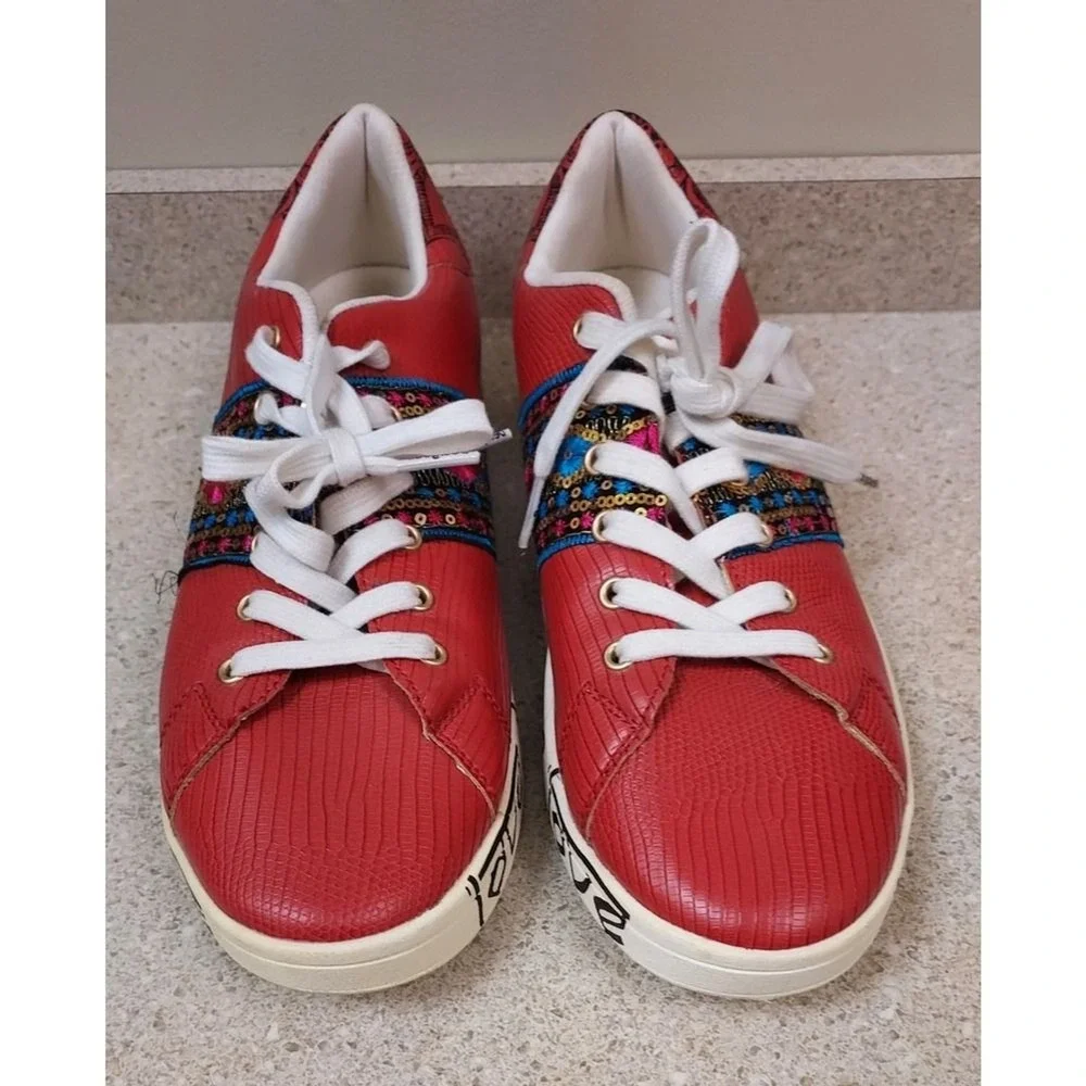 Desigual Rojo Roja Exotic Indian Red Sneakers Love Print US 10 UK 7 Boho - Picture 9 of 9